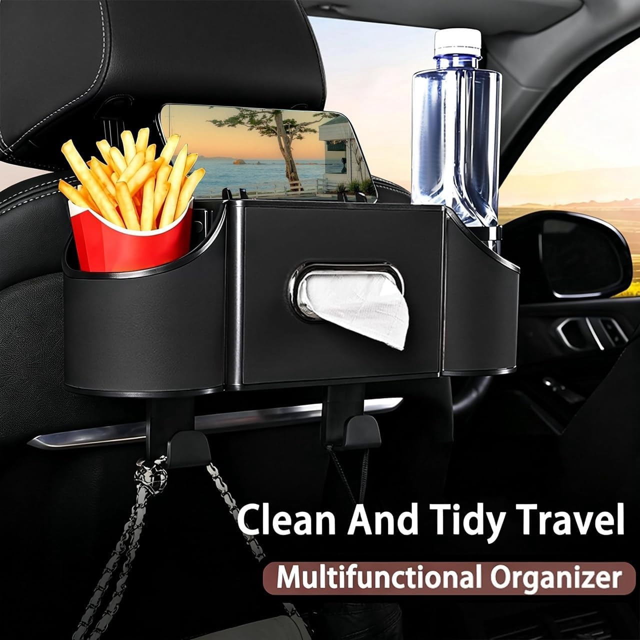 4-in-1 Back Seat Car Organizer with Multi-Pocket Storage & Cup Holders, Universal Fit Backseat Organizer for Travel & Daily Use, Black
