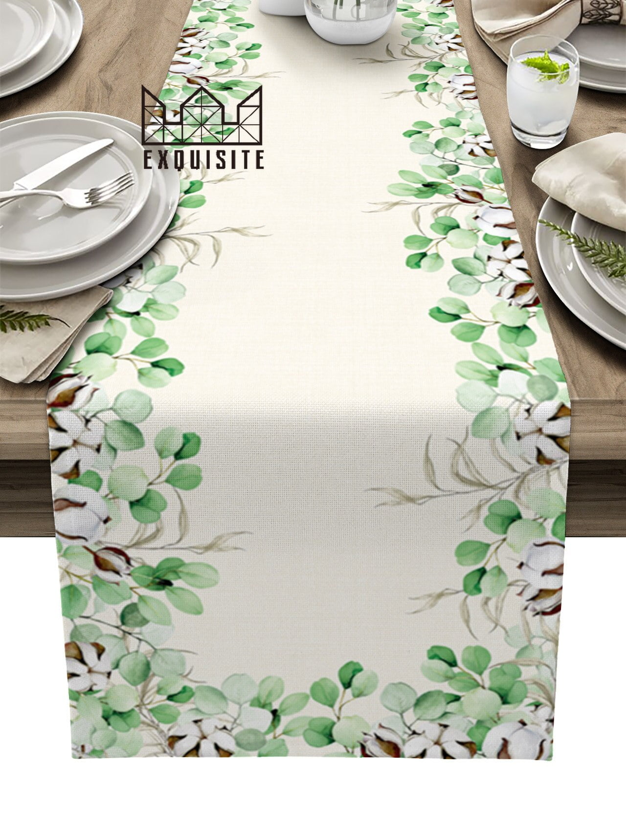 Green Plant Eucalyptus Leaves Table Runner Wedding Party Dining Table
