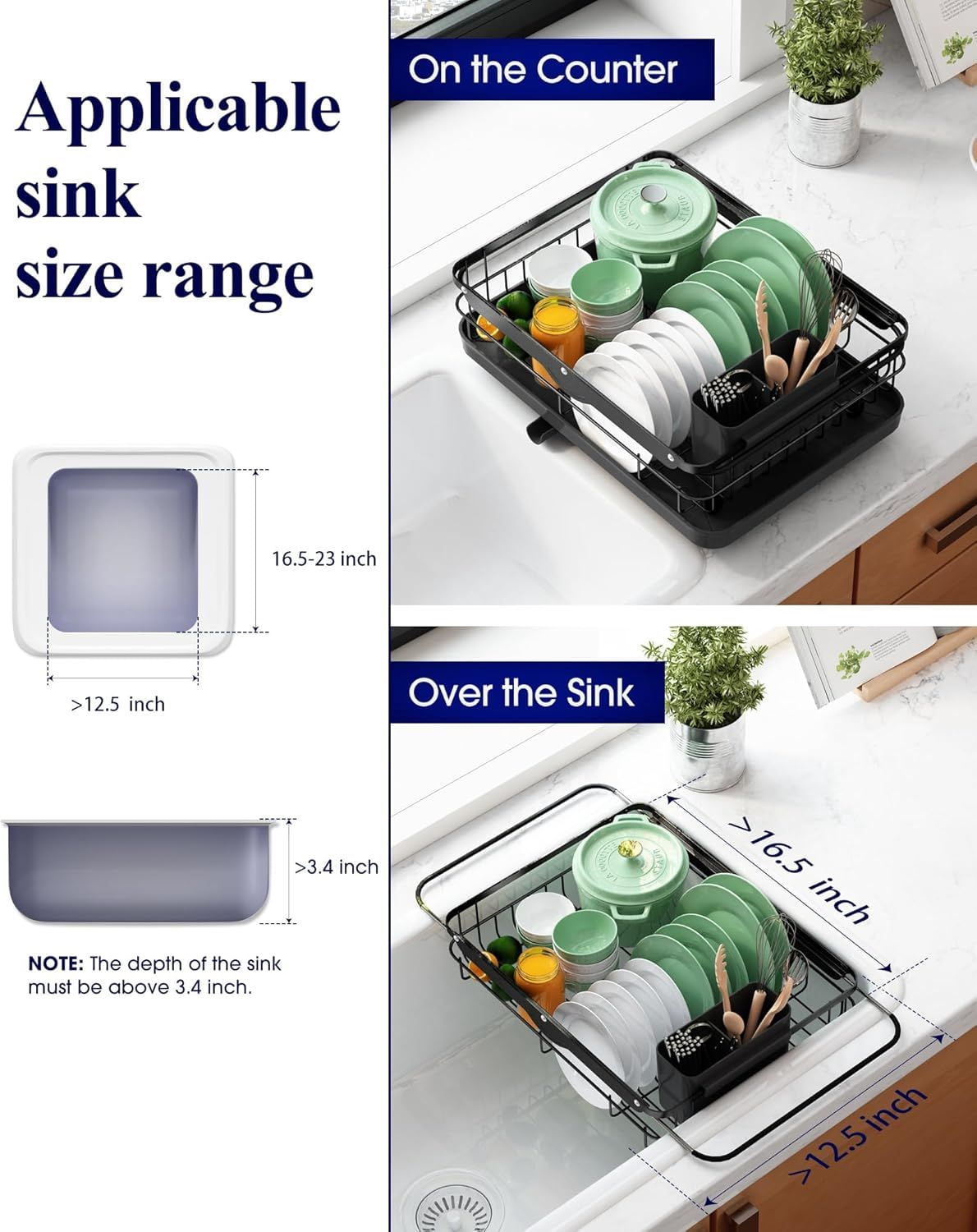 Dish Drying Rack for Kitchen Counter, Stainless Steel Sink Organization and Storage Essentials with Cutlery Holder, Home and Appartment Decor, 12.2"W x 15.7"~23"L