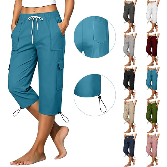 Outfmvch Women's Cargo Capri Pants Knee Length Cropped Trousers Elastic Pull On Drawstring Waist Multi Side Cargo Pockets Ankle Tie for Summer Camping Athletic Travel Casual Wear Brown M