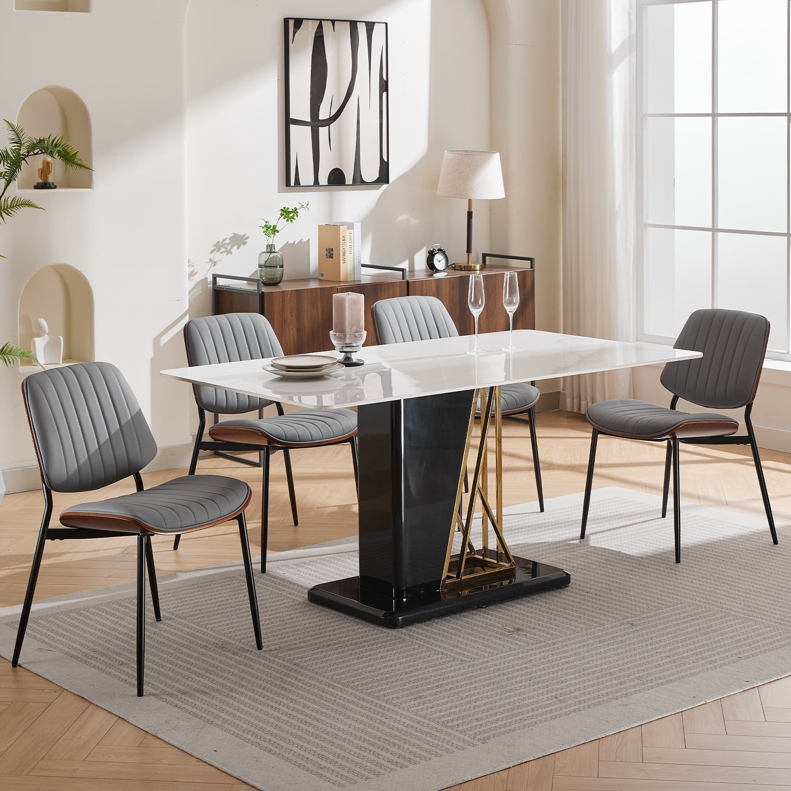 Mid Century Modern Dining Chairs Set of 4, Grey Kitchen & Dining Room Chairs Set of 4, Upholstered PU Leather Kitchen Chairs for Dining Table, Sillas de Comedor, Metal Leg, Walnut Back (Grey, 4 Pcs)