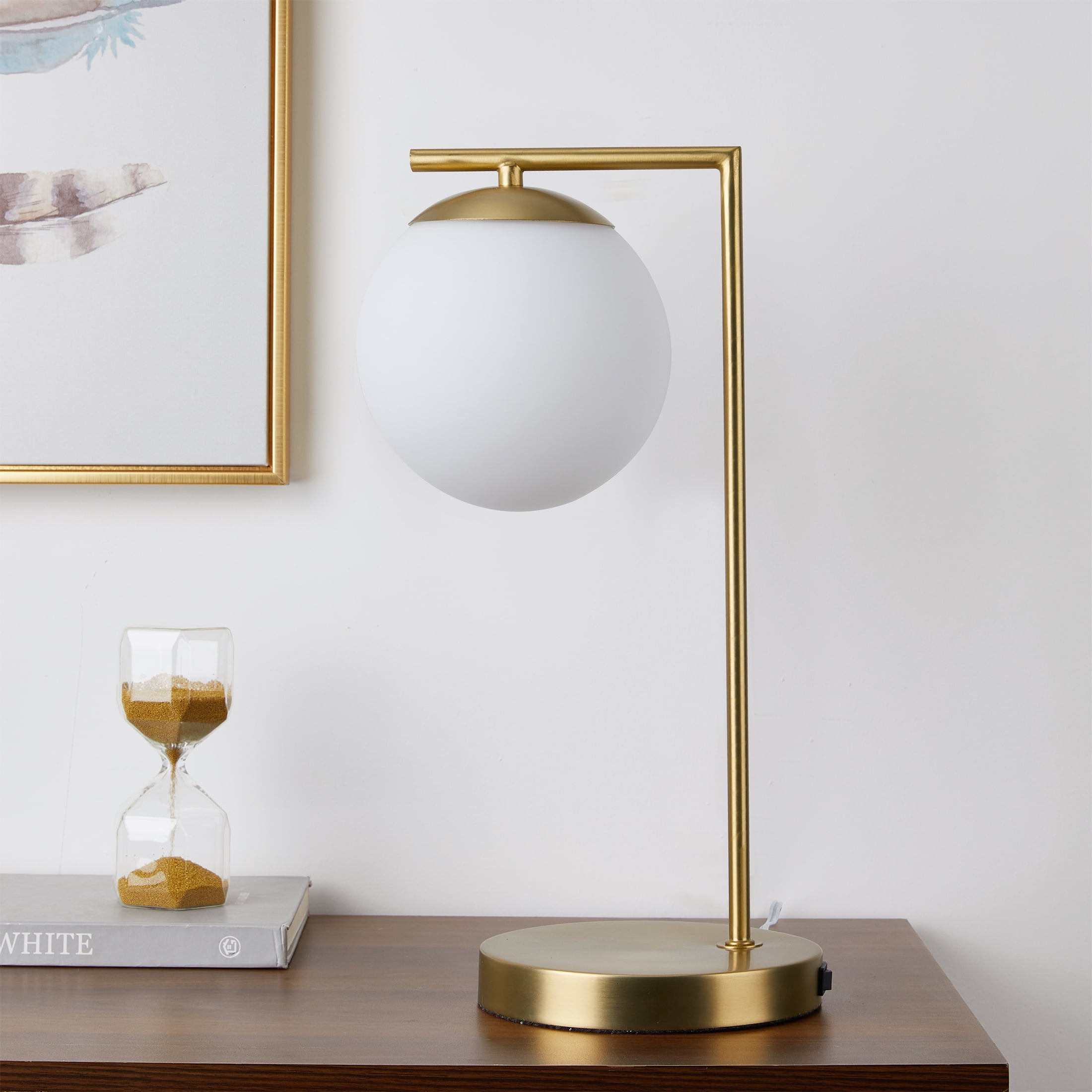 Better Homes & Gardens 17.5" Frosted Globe Desk Lamp with USB Ports, Brass