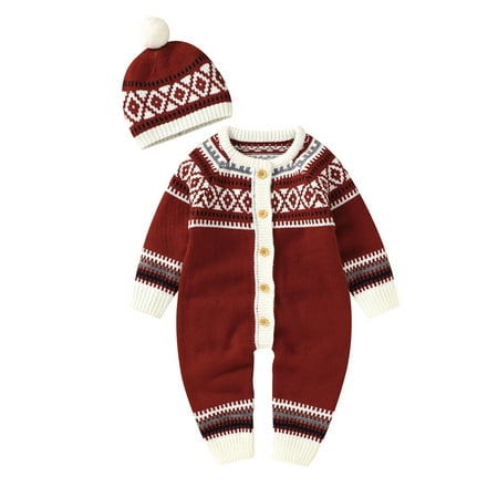 

ZIYIXIN Causal Baby Boys Girls Rompers Hat 2pcs Printed Single Breasted Knit Sweater Long Sleeve Jumpsuit Red 6-12 Months