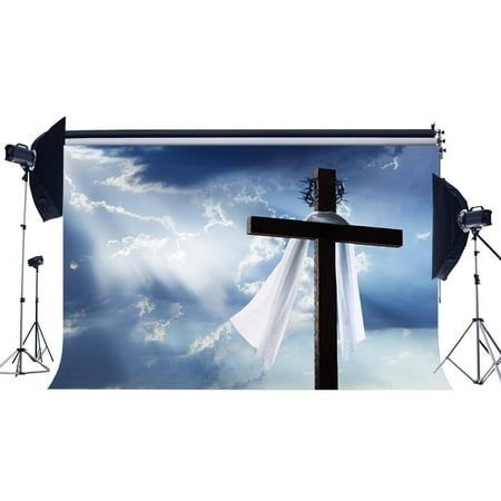 Image of ABPHOTO Polyester 7x5ft Happy Easter Backdrop Cross Backdrops White Curtain Heaven Holy Lights Blue Sky Resurrection of Photography Background for Spring Frohe Ostern Party Photo Studio Props