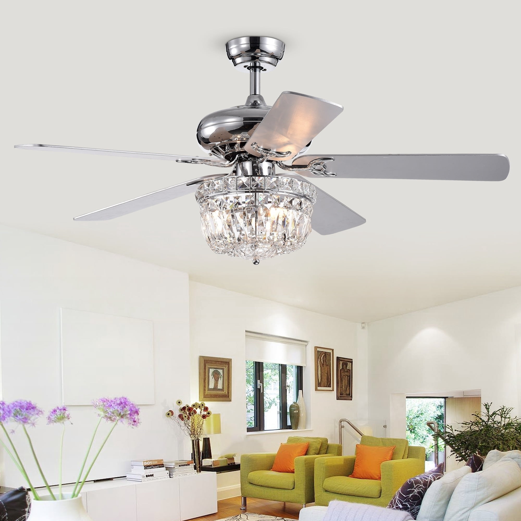 Galileo 52-Inch 5-Blade Chrome Lighted Ceiling Fans with Crystal Bowl Shade (Remote Controlled)