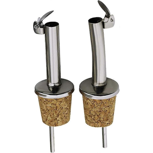 2-Pack Stainless Steel and Cork Olive Oil Pourers and Drizzles with Hinged Flip Lids Perfect for Wine, Spirits, Coffee, Syrups and Vinegars