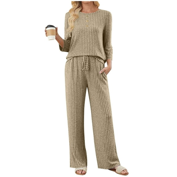 Bloomae Women 2 Piece Pant Set Matching Sweater Lounge Outfits Ribbed Knit Pajamas 3/4 Sleeve Button Decor Crewneck Sweaters Drawstring Pants Travel Airport Casual Clothes Beige XL
