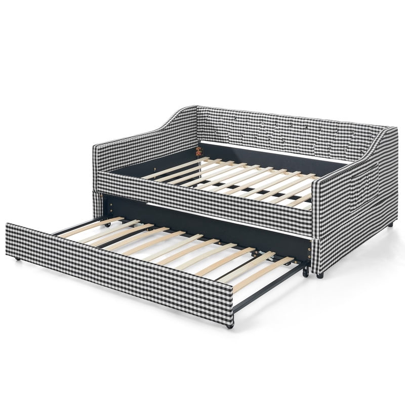 Full Size Daybed with Pop Up Trundle, Gingham Upholstered Daybed Frame with Tufted Button Backrest and Side Storage Pocket, Modern Sofa Bed for Living Room Bedroom