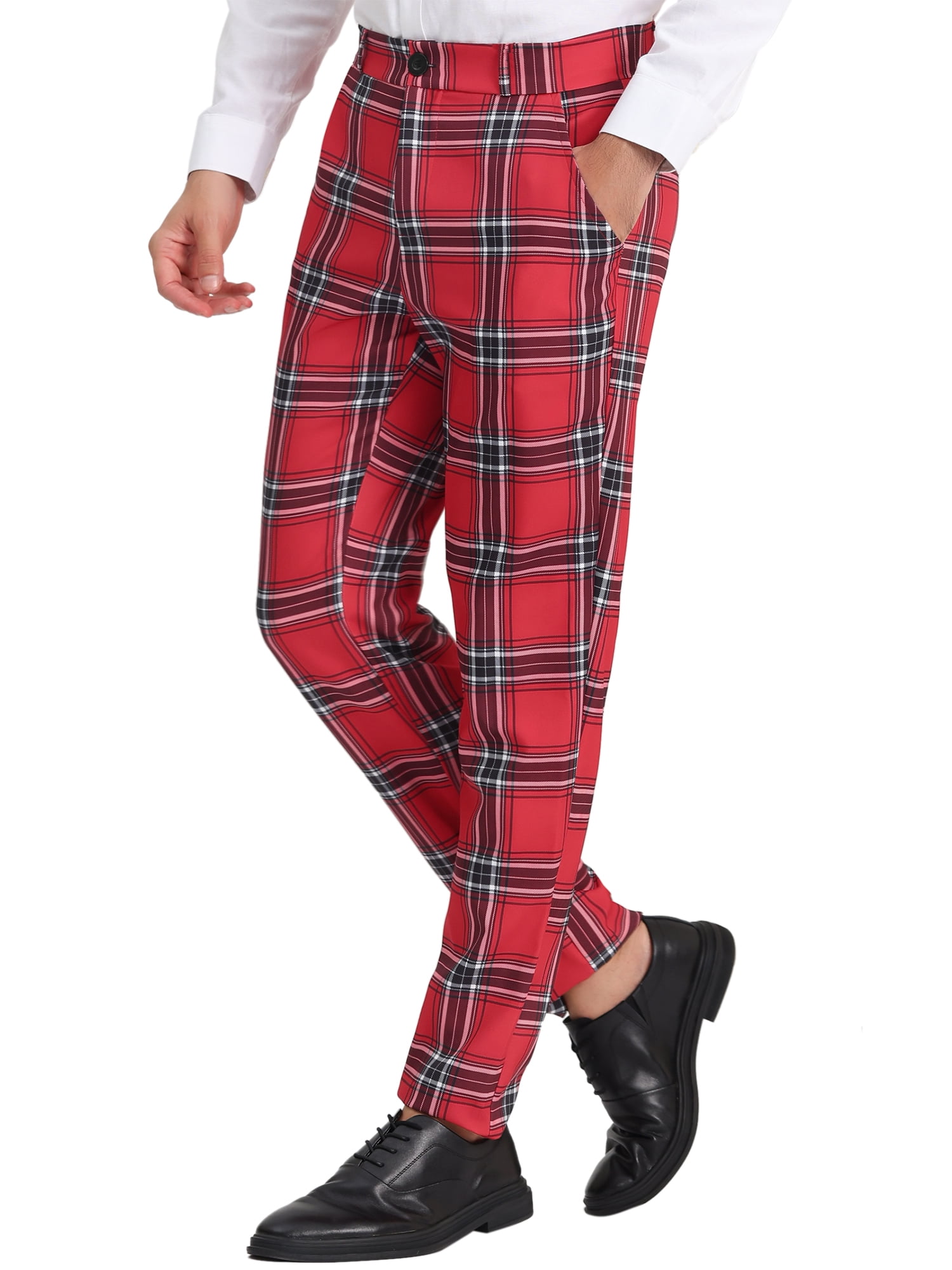 Unique Bargains Men's Checked Suit Pants Flat Front Elastic Waist Plaid Pants 34 Red