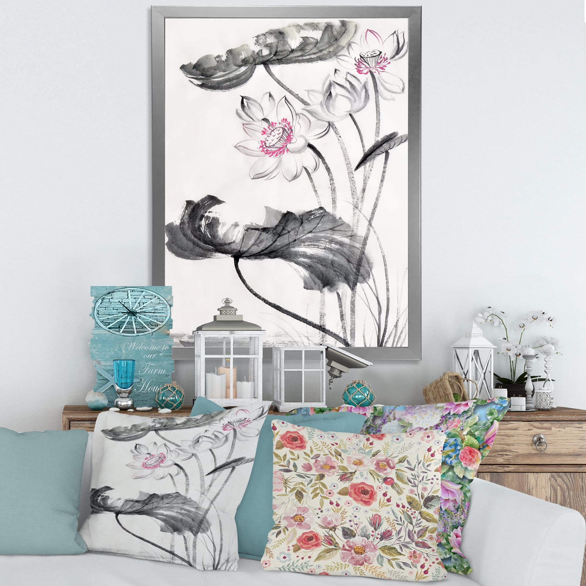 Designart 'Ancient Lotus Flowers' Traditional Framed Art Print