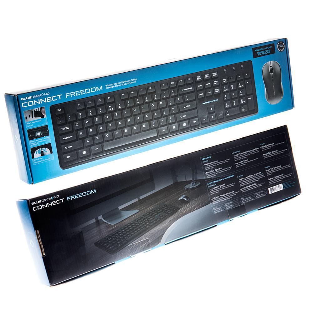 BlueDiamond Connect Combo Clavier sans fil à membrane avec Souris sans fil à technologie 2,4 GHz - Disposition Anglais - Noir