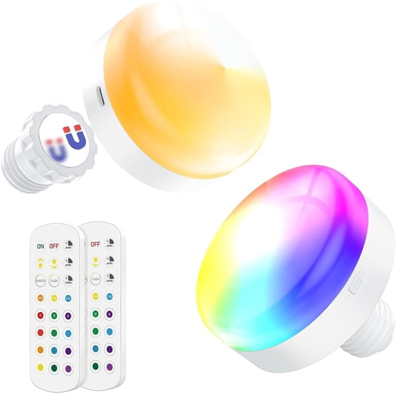 3000mAh Rechargeable Puck Light LED Bulb, 300LM, RGB Dimmable E26 with Remote Control, Emergency Lamp for Home, Camping