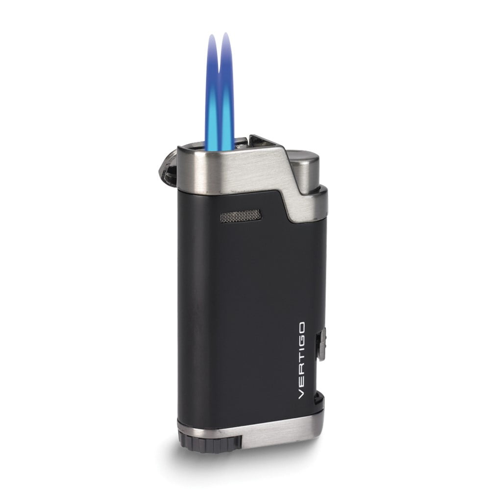 Vertigo Bullet Black Matte and Brushed Gunmetal Twin Flame Torch Lighter with Retractable Cigar Punch QGM15380