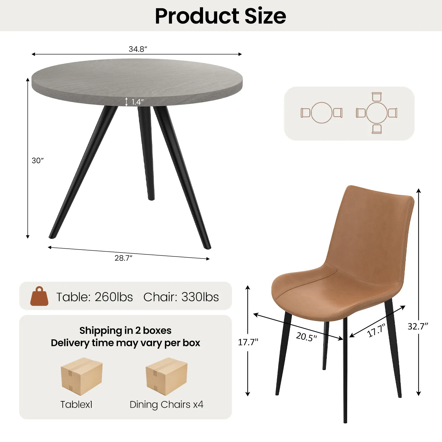 34.8" Round Dining Table Set for 4,5 Piece Mid-Century Modern Dining Set with 4 Upholstered Dining Chairs,Leisure Coffee Table for Kitchen Dining Room, Save Space
