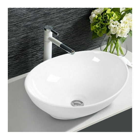 Ceramic Vessel Sink, Oval Bathroom Basin - White, 16x13x5.5 Inch - Modern Art Basin with Popup Drain for Bathroom & Vanity
