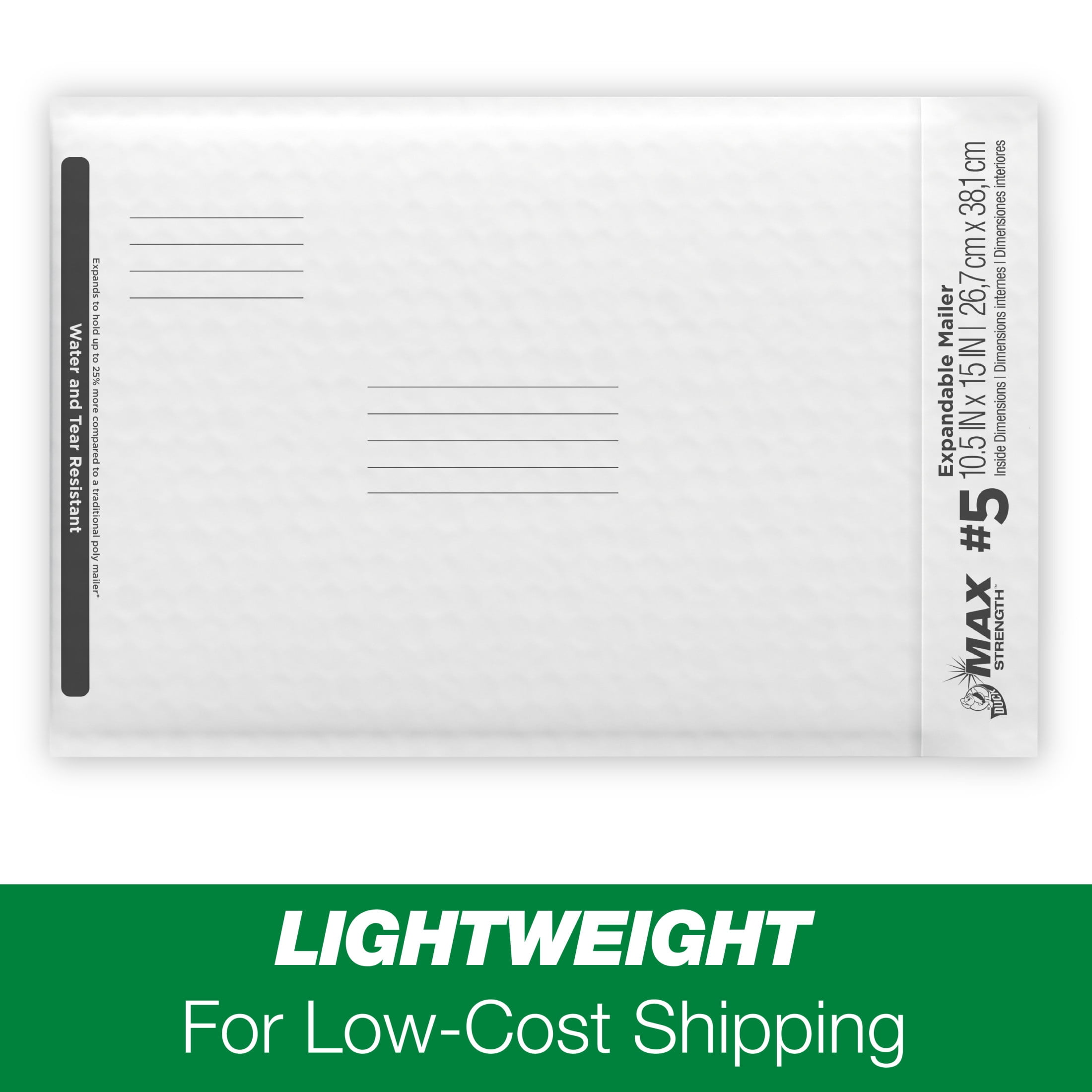 Duck Max Strength Self-Sealing Gusseted Poly Bubble Mailer #5, 10.5"x 15", Solid Print