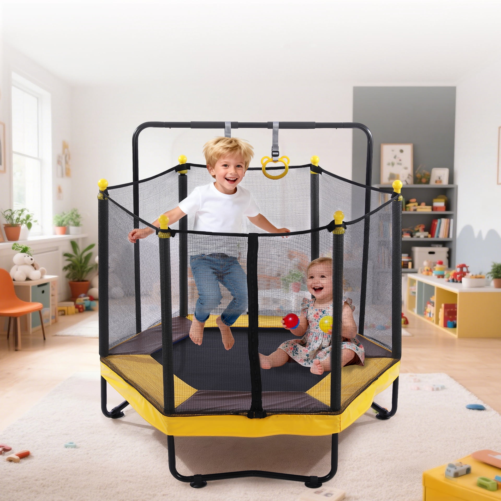 Aukfa 54" Kids Trampoline with Safety Enclosure, Mini Toddler Jumper with Basketball Hoop, Rings & Ocean Balls for Indoor Play, Yellow