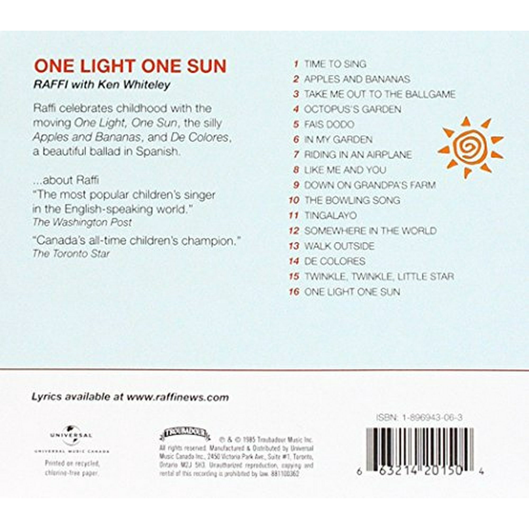 Raffi One Light One Sun Cd Walmart Canada