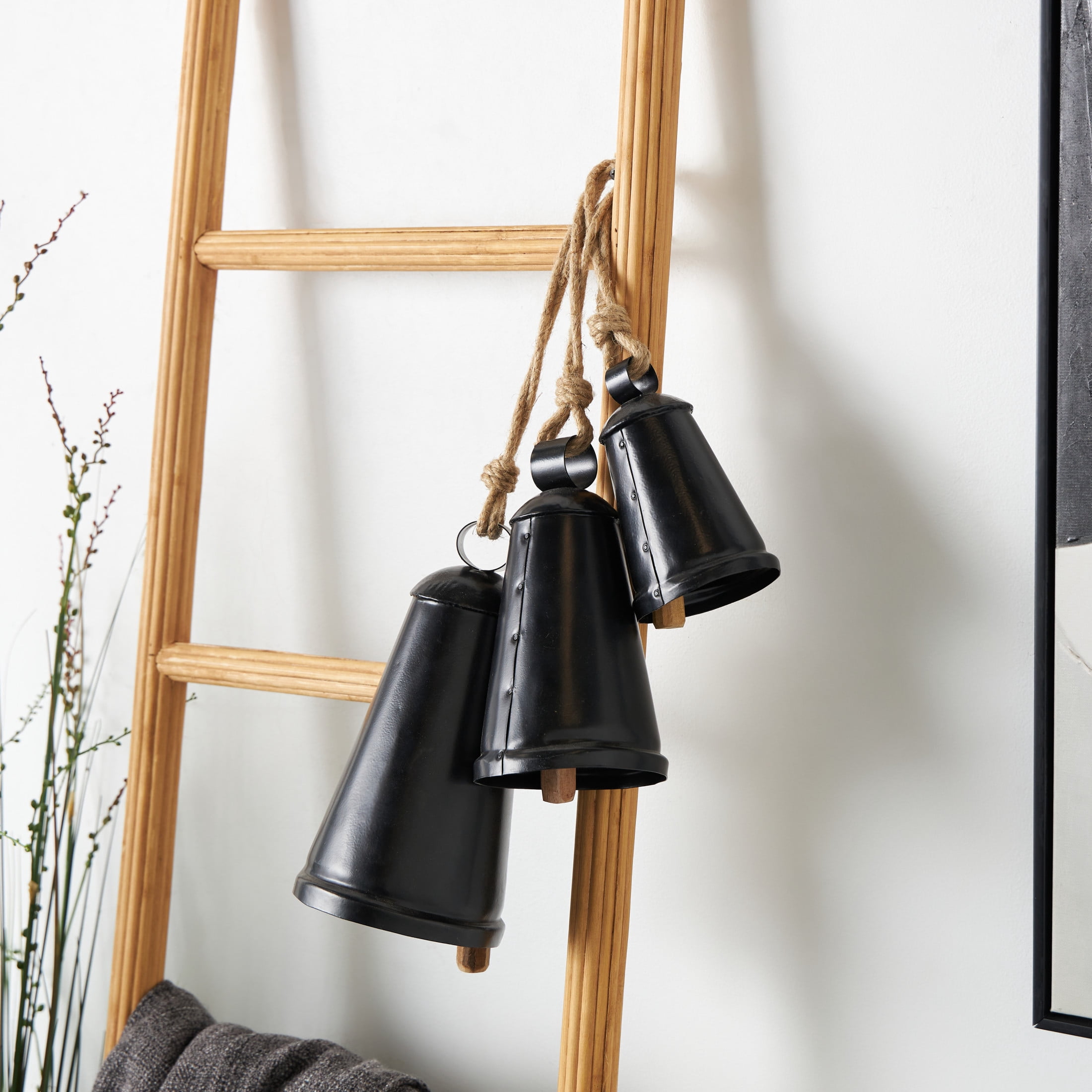 DecMode Tibetan Inspired Black Metal Conical Decorative Cow Bells with Jute Hanging Rope, 3 Count