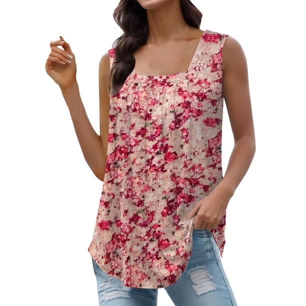 Gibobby Camiseta sin mangas con cuello cuadrado para mujer, informal, sin mangas, con dobladillo curvo plisado(Rosa,G)