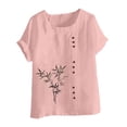 thumbnail image 5 of QIUOMBBP Womens Casual Linen Shirts Short Sleeve Plus Size Crew Neck Floral Print Tops Loose Lightweight Summer Holiday Tees Pink S, 5 of 6