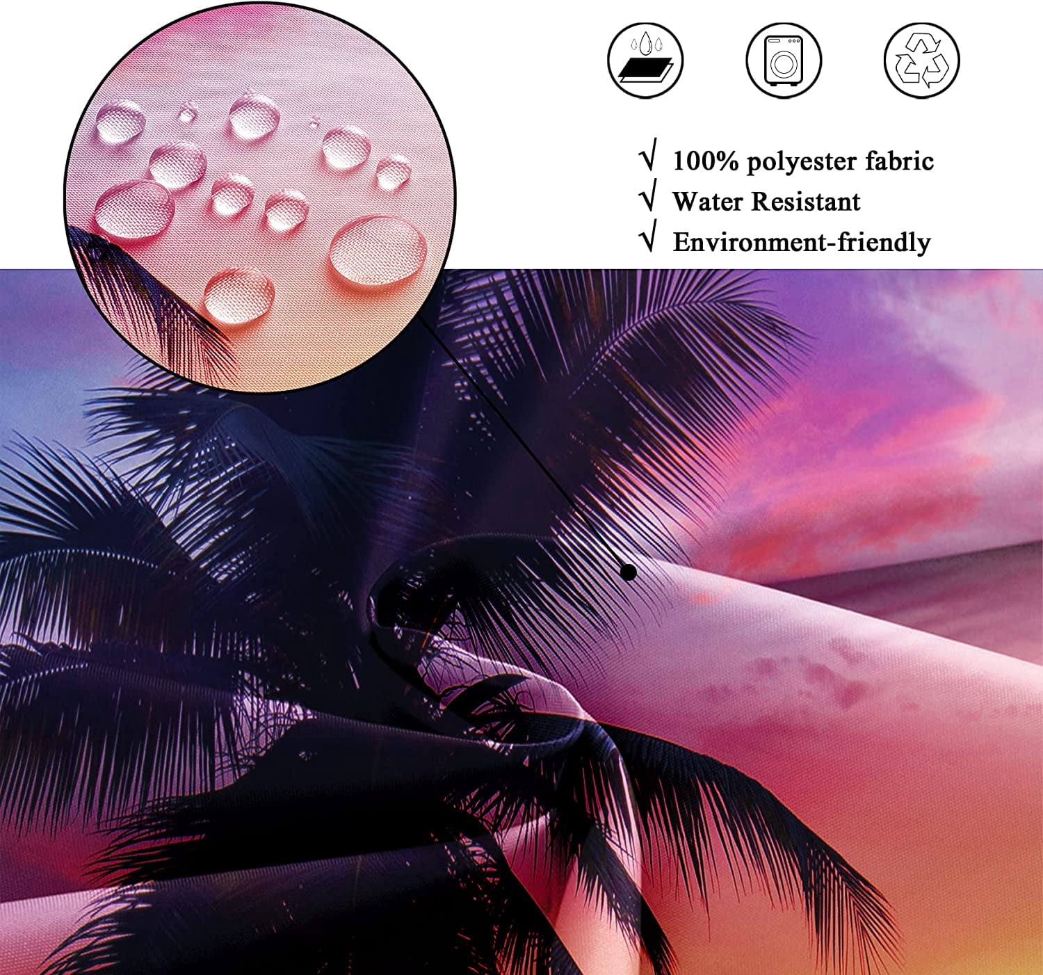 Beach Shower Curtain Ocean Sunrise Tropical Palm Tree Hawaiian Sunset Costal Scenery Sea Waves Summer Bathroom Home Decor Set Waterproof Polyester 72WX72H Inch 12 Pack Plastic Hooks WW-IHTB