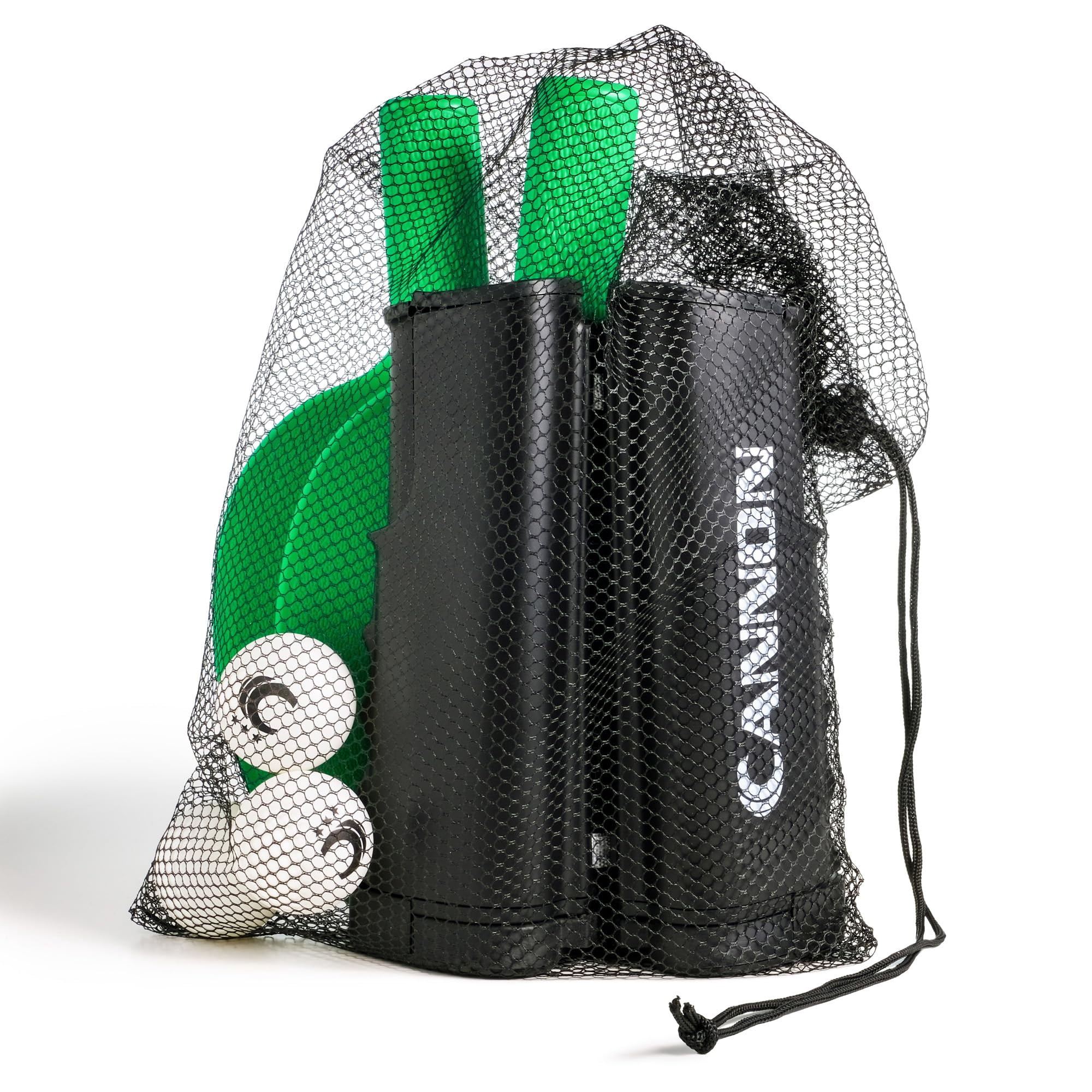 Cannon Sports Table Tennis Set – 2 Unbreakable Paddles, 6 3-Star Balls, Retractable Net & Carry Bag – Clamp-On Portable Ping Pong Net Fits Tables up to 2 Inch Thick, Extends to 6 Feet (Green)