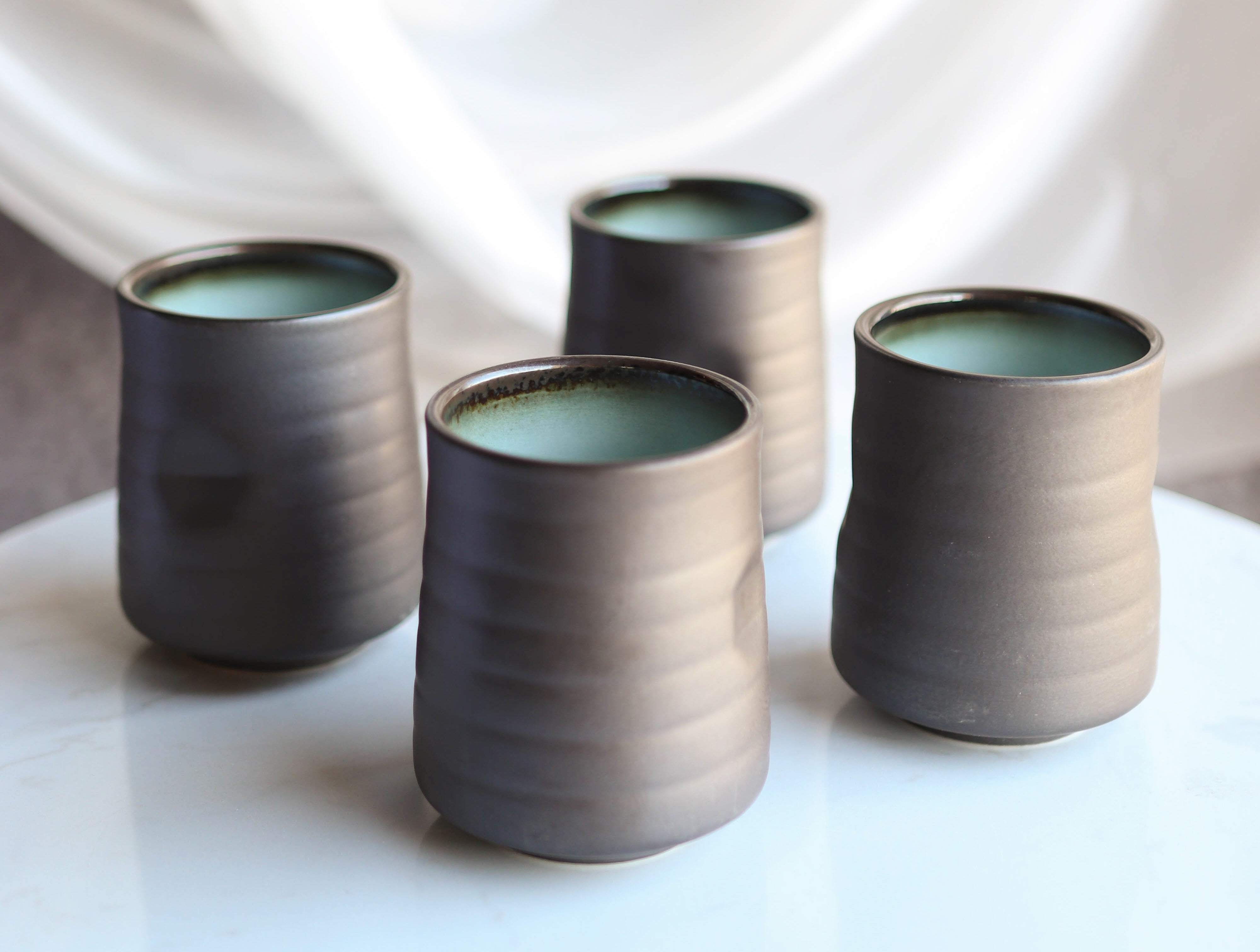 Pack Of 6 Ceramic Zen Blue Style Yunomi Notched Teacup Tea Cups Without