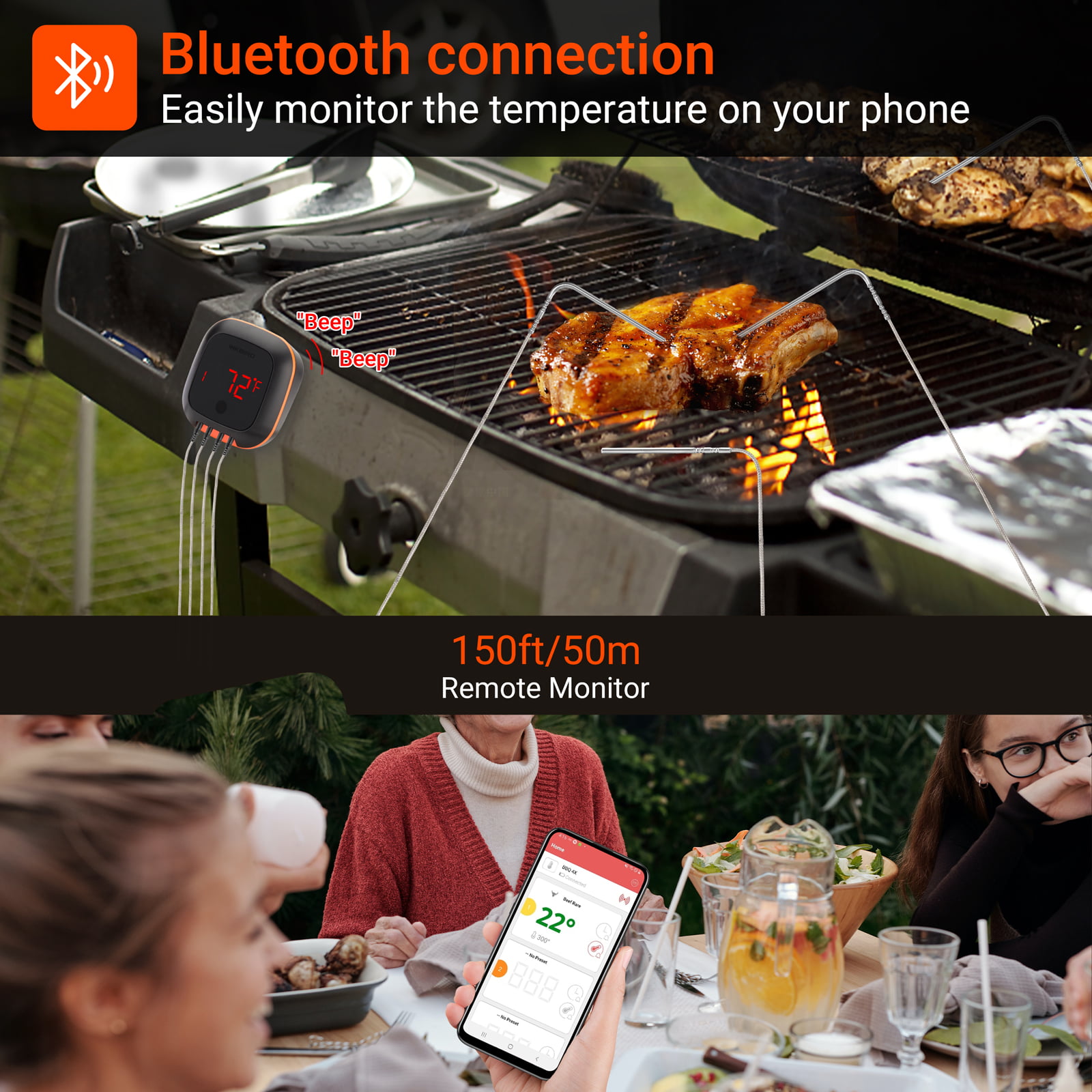 Inkbird IBT-2X Digital BBQ Grill Bluetooth Smoker Thermometer , 150 feet Wireless  Cooking Meat Thermometer with Timer and Alarm for Kitchen Oven Barbecue,  Dual Probes 