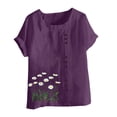 thumbnail image 3 of AVTOIFY Summer Womens Blouses Dressy Casual, Women Casual And Linen Round-Neck Printed Short Sleeve Button T-shirt Blouse Purple M, 3 of 3
