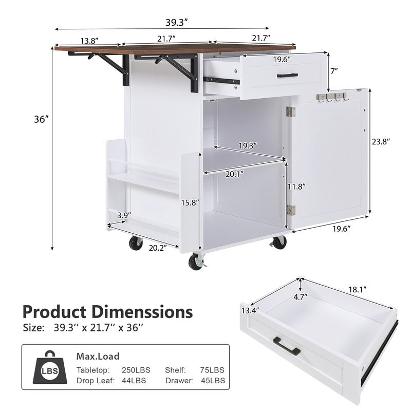 Farmhouse Small Kitchen Rolling Cart with Drop Leaf, Kitchen Island Storage Cabinet with Racks, Hooks, Drawer & Lockable Wheel
