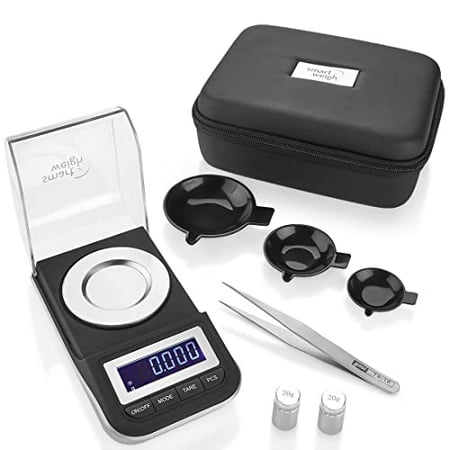 Smart Weigh 50g x 0001 grams, Premium High Precision Digital Milligram Scale, includes Tweezers, calibration Weights,Three Weighing Pans and case