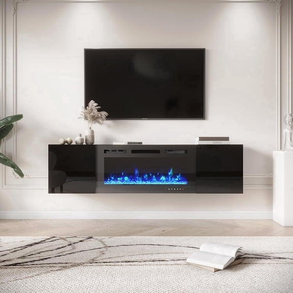 SOBREMESA 70'' Floating TV Stand with 36'' Electric Fireplace, High Gloss Wall Mount Console, 12 Flame Color Heater, Storage, All Black, TVs Up to 80''