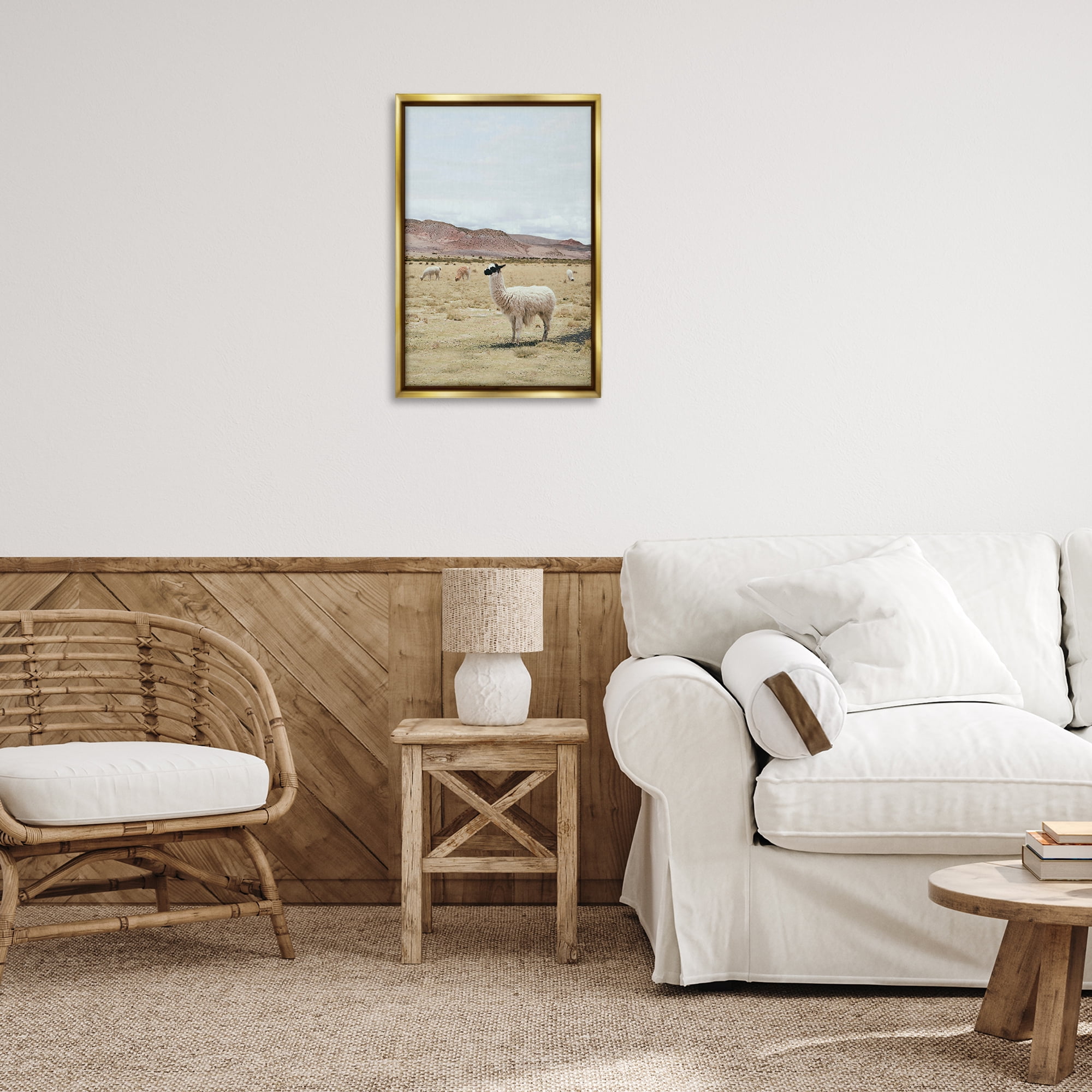 Stupell Industries Wild Alpacas in Desert Animals Photography Gold Floater Framed Canvas Art Print Wall Art, 17 x 25