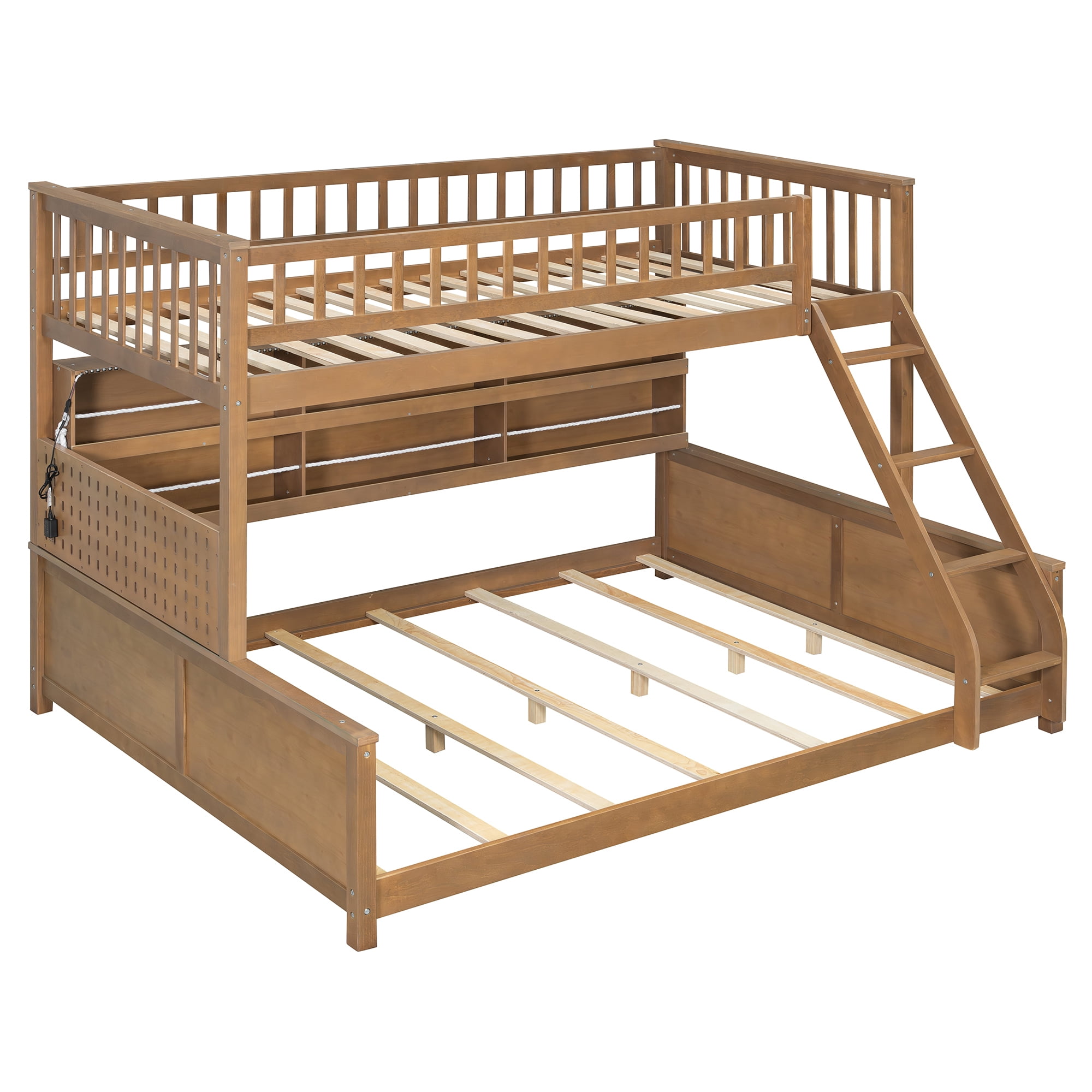 Twin XL over Queen Bunk Bed with Integrated Side Storage Shelves and Color-Changing LED Lights, Solid Wood Bunk Bed Frame with Integrated Shelving and Pegboard for Kids Teens Adults