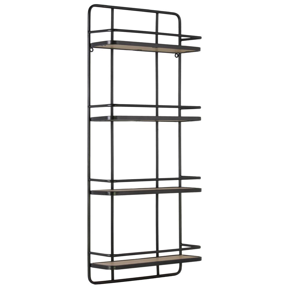 Metal Wall Shelf with 4 Wooden Tier , Metallic Gunmetal Gray