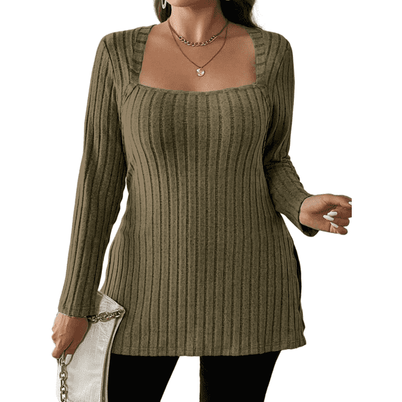 Cuteduck Women Plus Size Casual Ribbed Knit Blouse Fall Long Sleeve Sweater Square Neck Solid Top 1X-4X