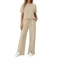 thumbnail image 3 of QATAINLAV Two Piece Sets for Women Summer Workout Outfits Mock Neck Short Sleeve Tees Tops and Side Slits Wide Leg Pants Matching Sweatsuit Khaki M, 3 of 8