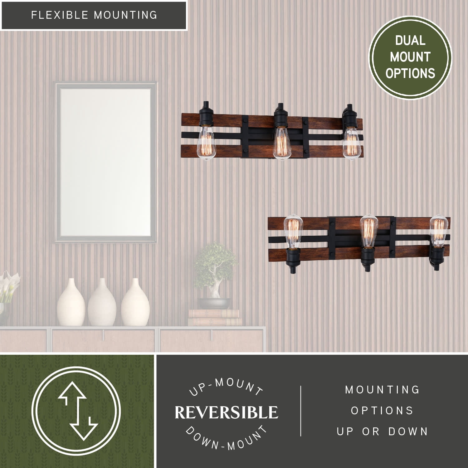 Carrington 3 Light Black and Solid Wood Walnut Finish Slat Farmhouse Bathroom Vanity Fixture