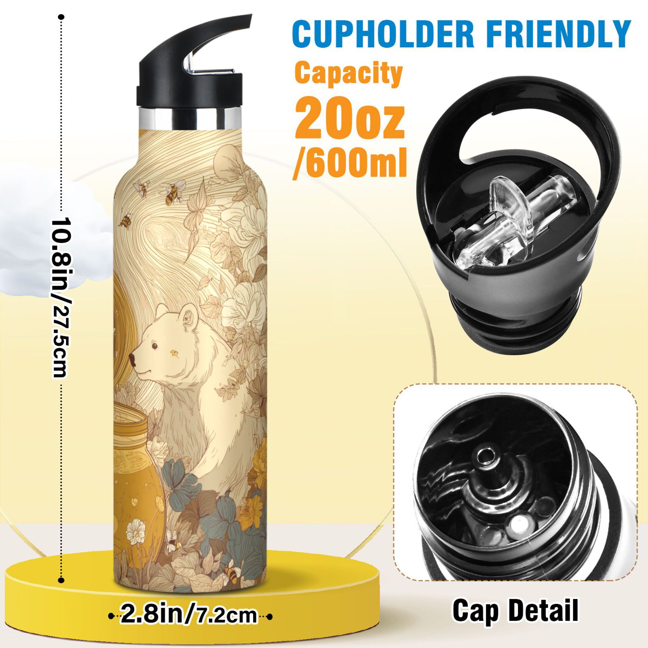 600ML Stainless Steel Insulated Cup Sports Water Bottle Portable Thermos Cup Water Glasses Insulated Tumblers Convenient and Durable Two Bears