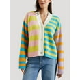 thumbnail image 3 of Womens Striped Cardigan Sweaters V Neck Open Front Button Up Color Block Fuzzy Loose Knit Coats Pink Green M, 3 of 6