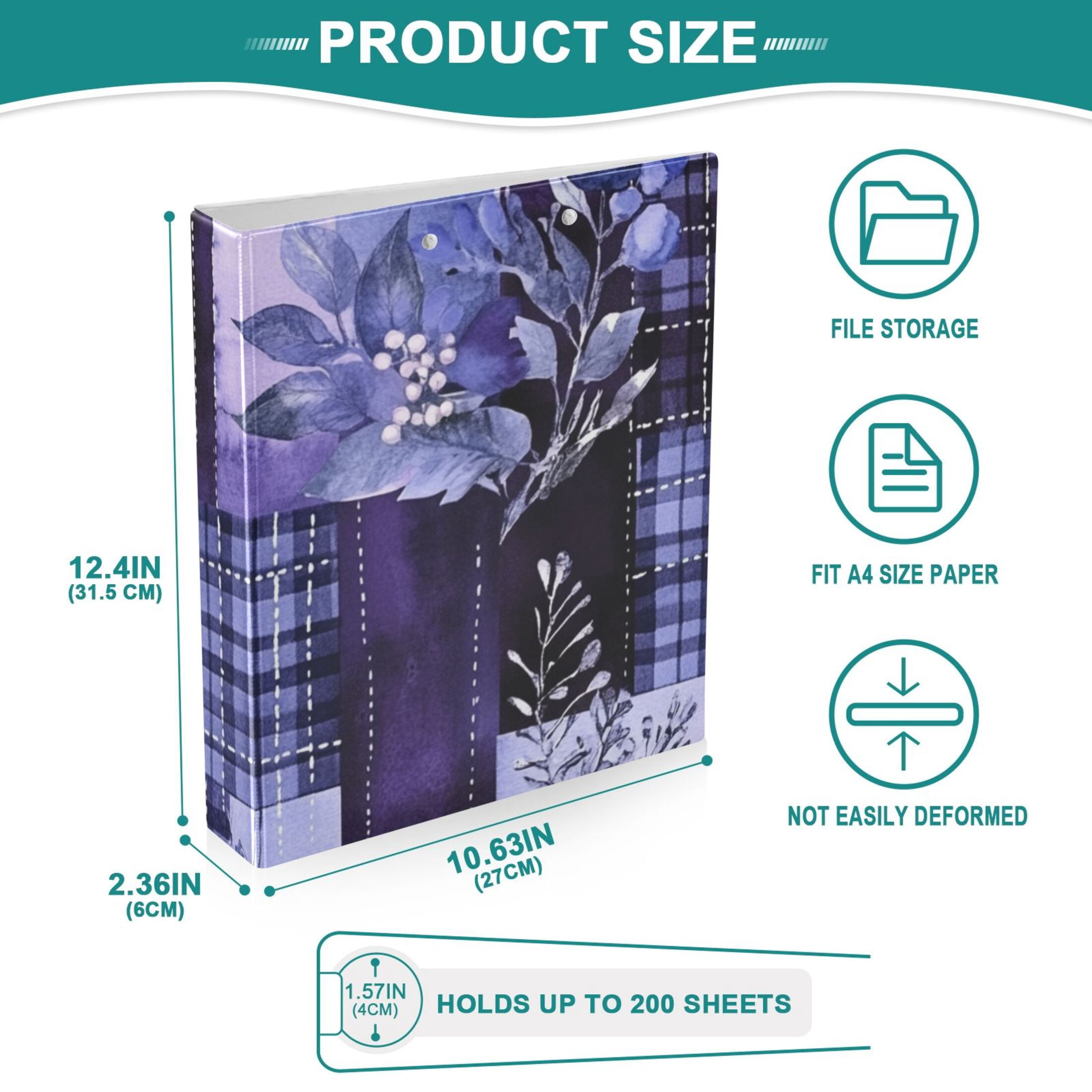 Purple Blue Winter Leaves 3 Ring Binders 1.5 inch Hardcover File Folders with Interior Pockets A4 Size Organizer for School Office Hospital
