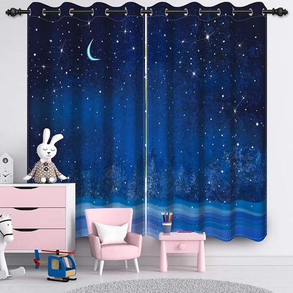Night Sky Blackout Curtains For Kids, Moon And Star Children Bedroom Curtains Blue Window Curtain With Grommets For Nursery Boys Girls Bedroom 26"W x 45"L (Pack of 2)