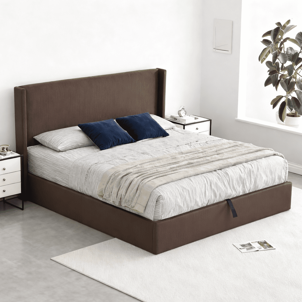 King Size Bed Frame with Lift Up Storage, Corduroy Upholstered Platform Bed with Wingback Headboard, No Box Spring Needed, Hydraulic Storage, Coffee