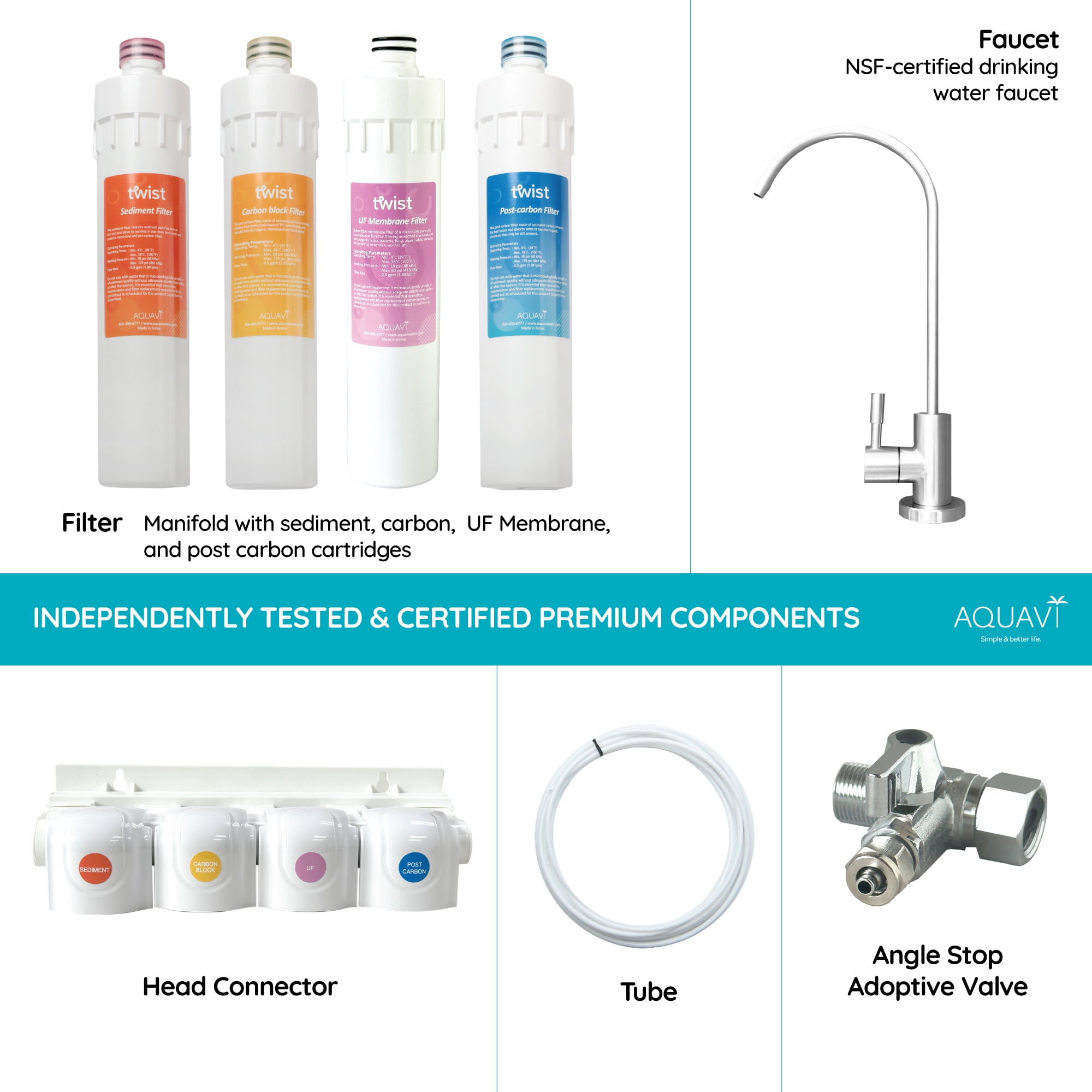AQUAVI Twist Ultra-Filtration Mineral Under Sink Water Filter System, 4-Stage High Capacity, Remove 99.99% Contaminants, Quick Filter Change with Brushed Nickel Faucet