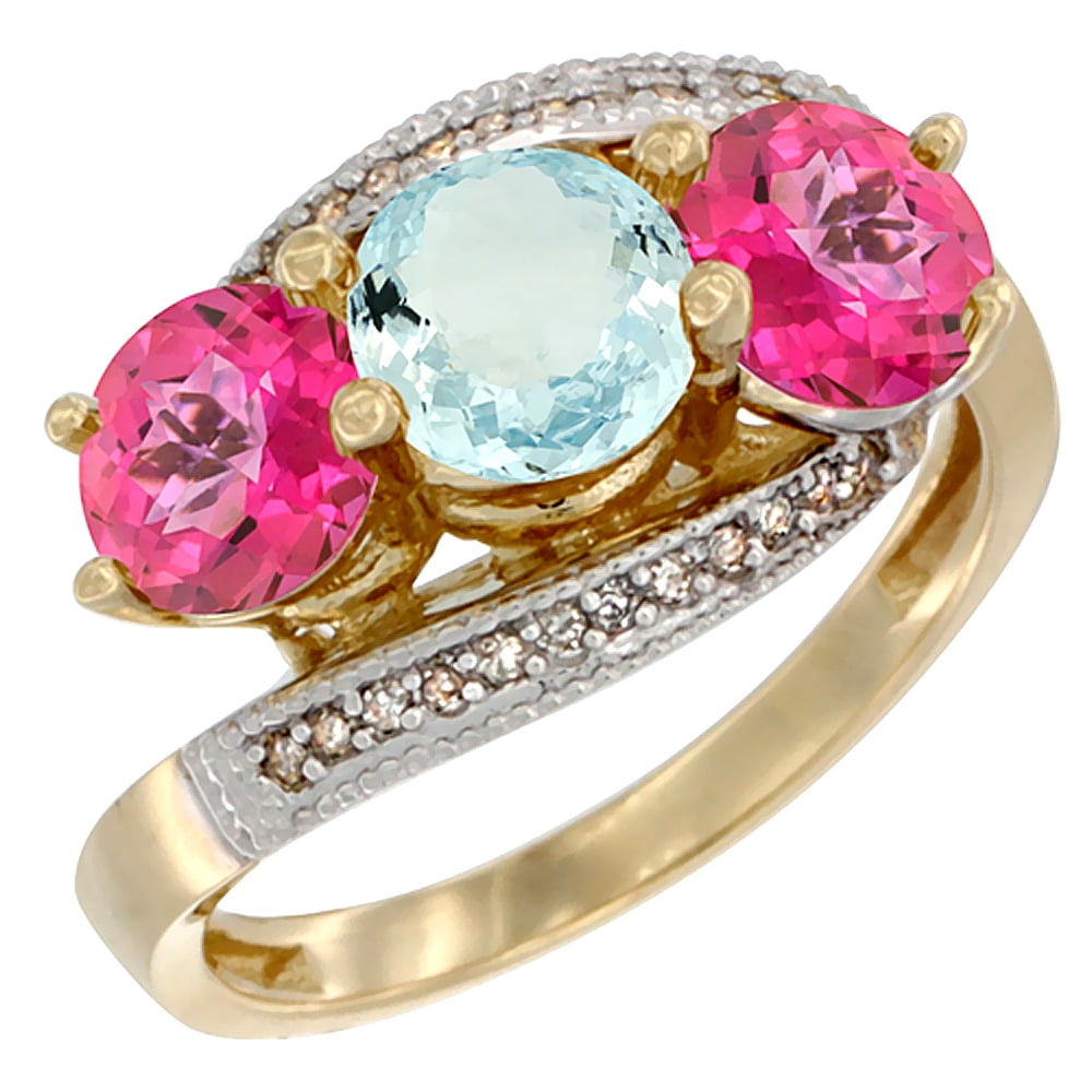10K Yellow Gold Natural Aquamarine & Pink Topaz Sides 3 stone Ring Round 6mm Diamond Accent, sizes 5 10 by WorldJewels