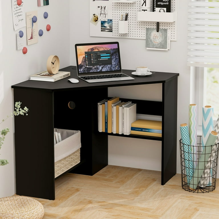ID:G982112　デスク Costway Corner Computer Desk with Storage Shelf, Black - Walmart.com