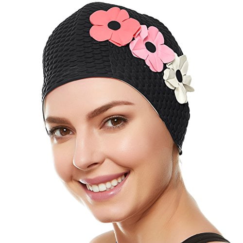 Latex Bubble Crepe Swim Bathing Cap with 3 Flowers - Black with Pink ...