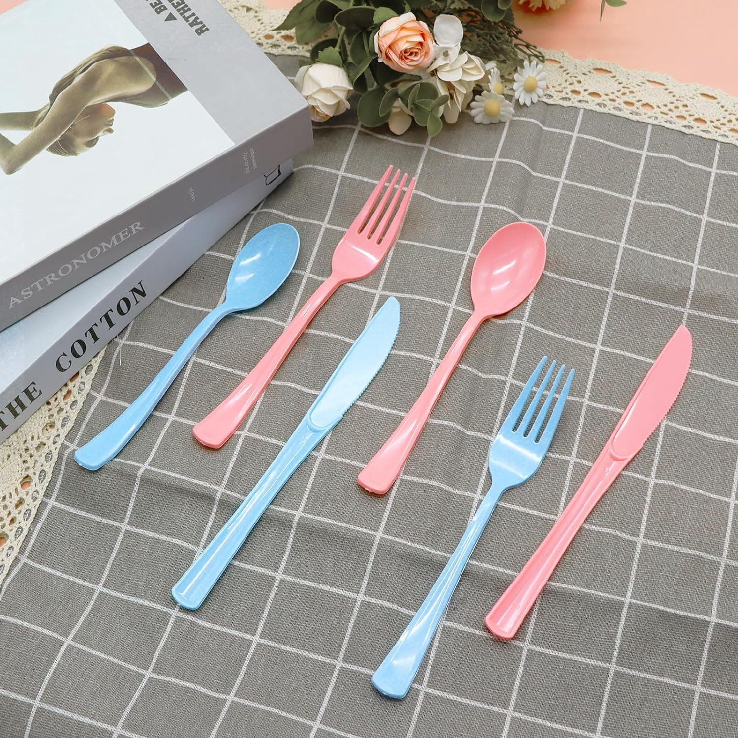 150 Pcs Pink and Blue Cutlery Heavy Duty Light Pink and Baby Blue Plastic Silverware - 50 Plastic Forks, 50 Knives, 50 Spoons for Birthday Baby Shower Gender Reveal