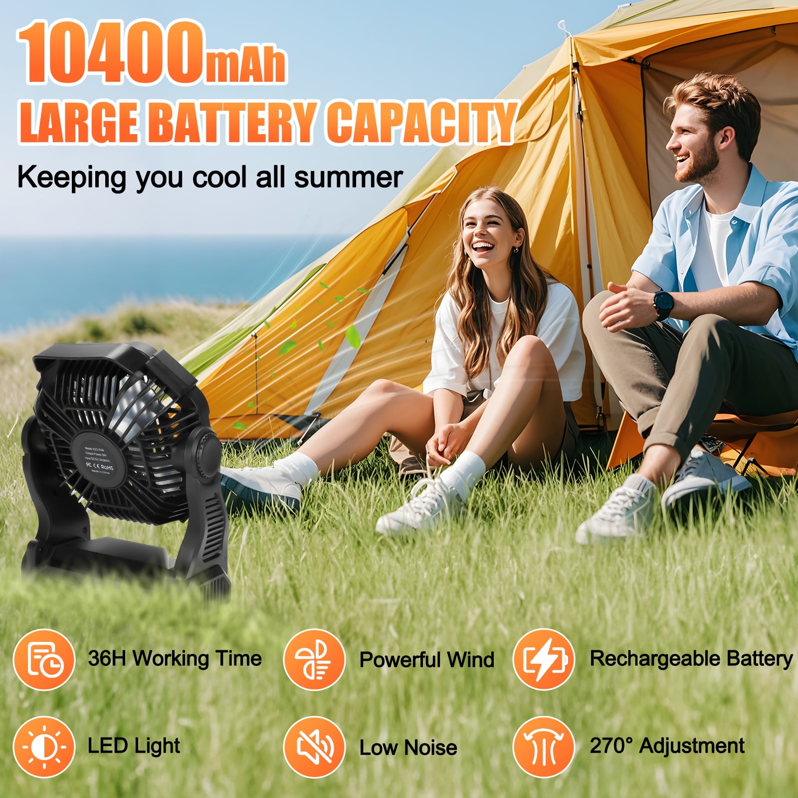 Rechargeable Camping Fan with LED Lantern, 10400mAh Portable Battery Operated Oscillating Fan for Tent, Table Fan for Picnic Fishing Travel Office,Black
